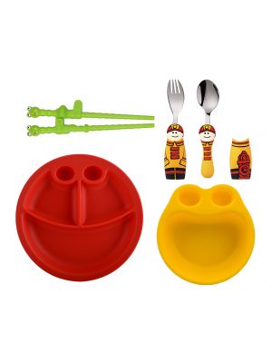 Eat4Fun - เซตสุดคุ้ม ชุดจานชามช้อนส้อมเด็กรุ่น DUOs และตะเกียบ ลายนักดับเพลิง Fireman