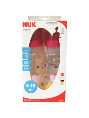 NUK ขวดนม CLASSIC 240มล. 6-18 m. แพ็คคู่ (สีชมพู)