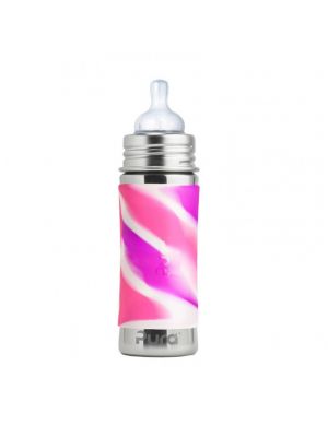 Pura, ขวดนม Stainless Steel,11oz/325ml,Pink Swirl Sleeve